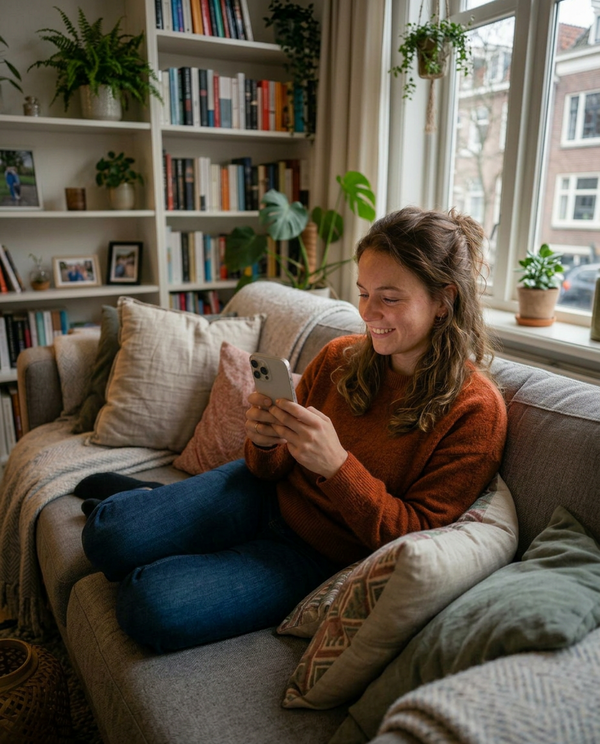 Vrouw in oranje trui lacht naar haar smartphone op de zetel in een gezellige woonkamer