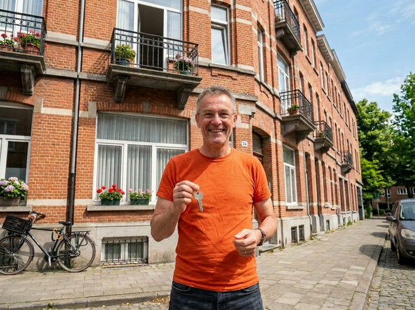 Lachende man in oranje T-shirt met huissleutel voor een bakstenen herenhuis met balkons