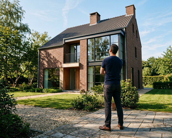 Man bekijkt vanuit de tuin een moderne vrijstaande woning met grote ramen